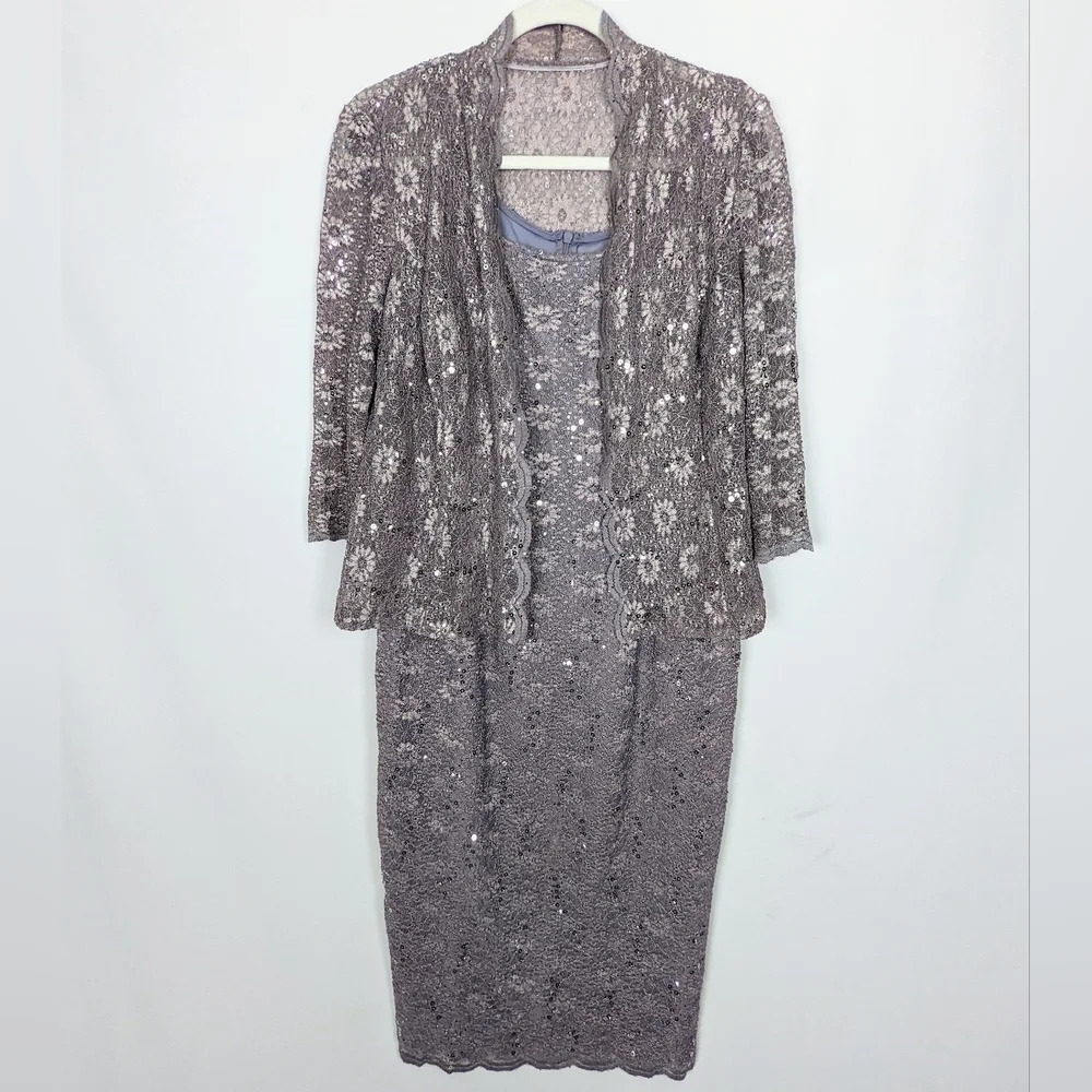 Alex Evening 10P Tea Length Sheath Lace Dress & Sheer Jacket Suit Set Sequence